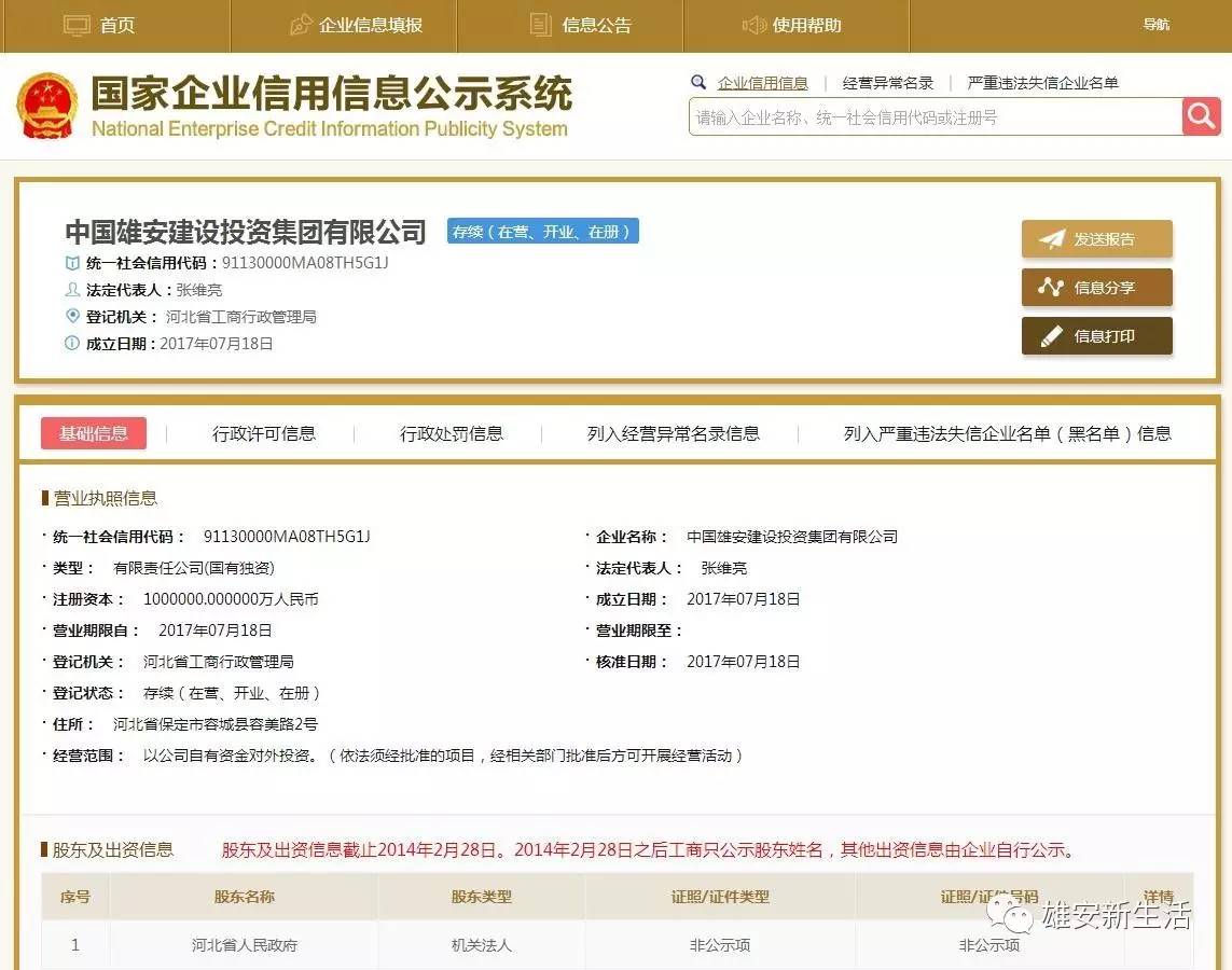 雄安建设投资集团成立 注册资本百亿 专注自有资金投资